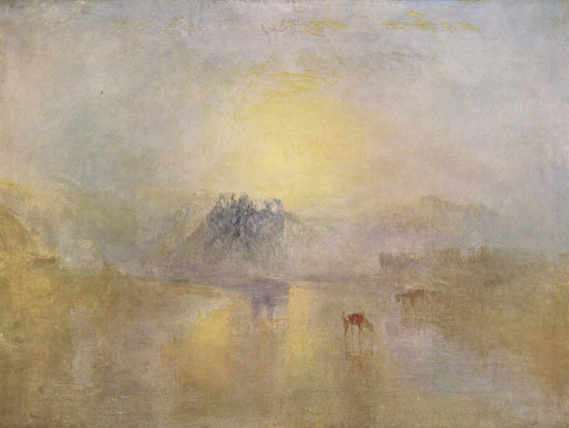 A castle dissolving into mist and low sun over still water