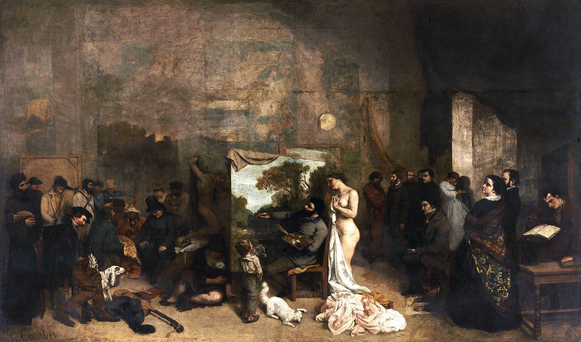 A large studio interior, the painter at work at the centre