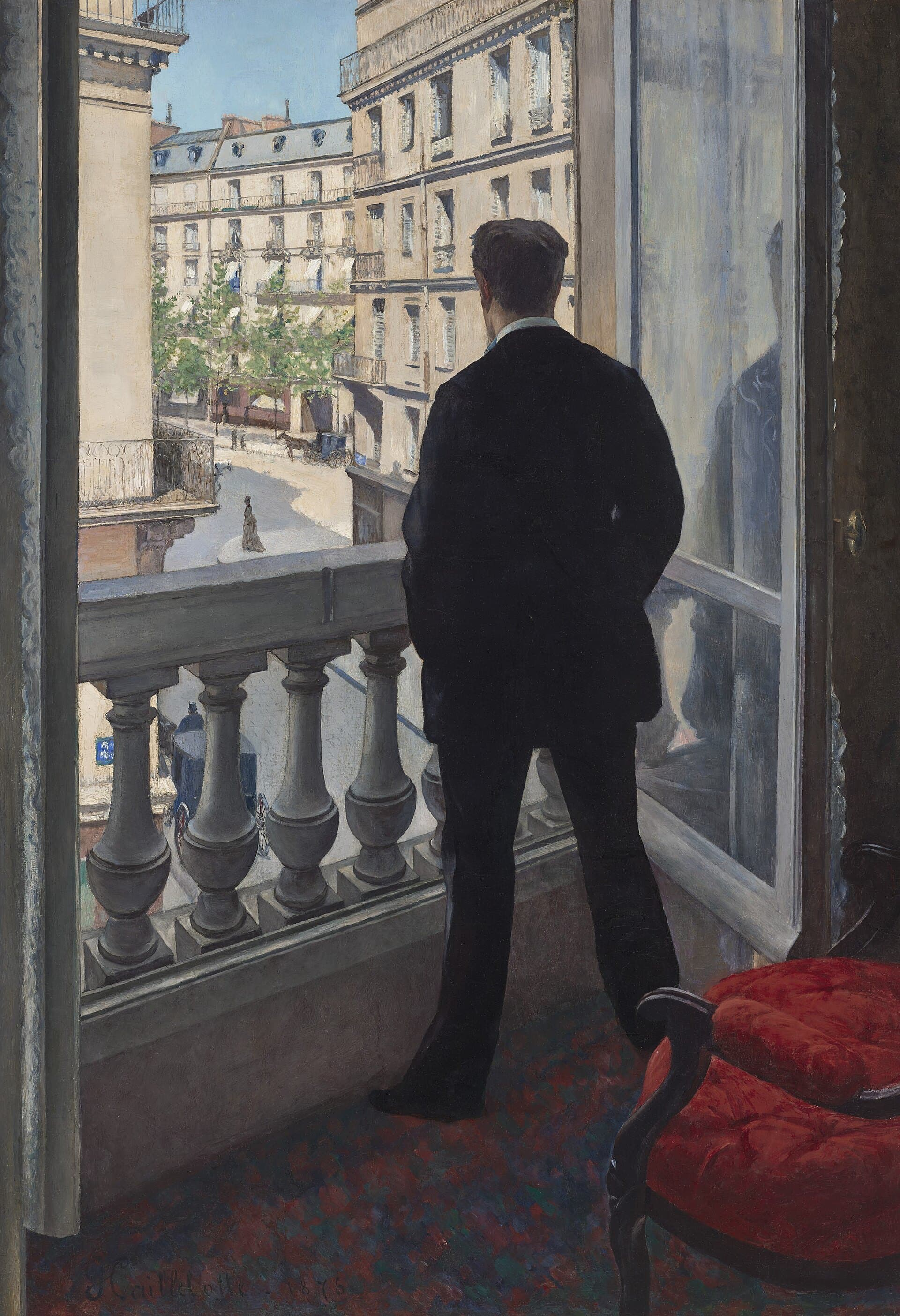 A figure at a tall window, looking out into the light