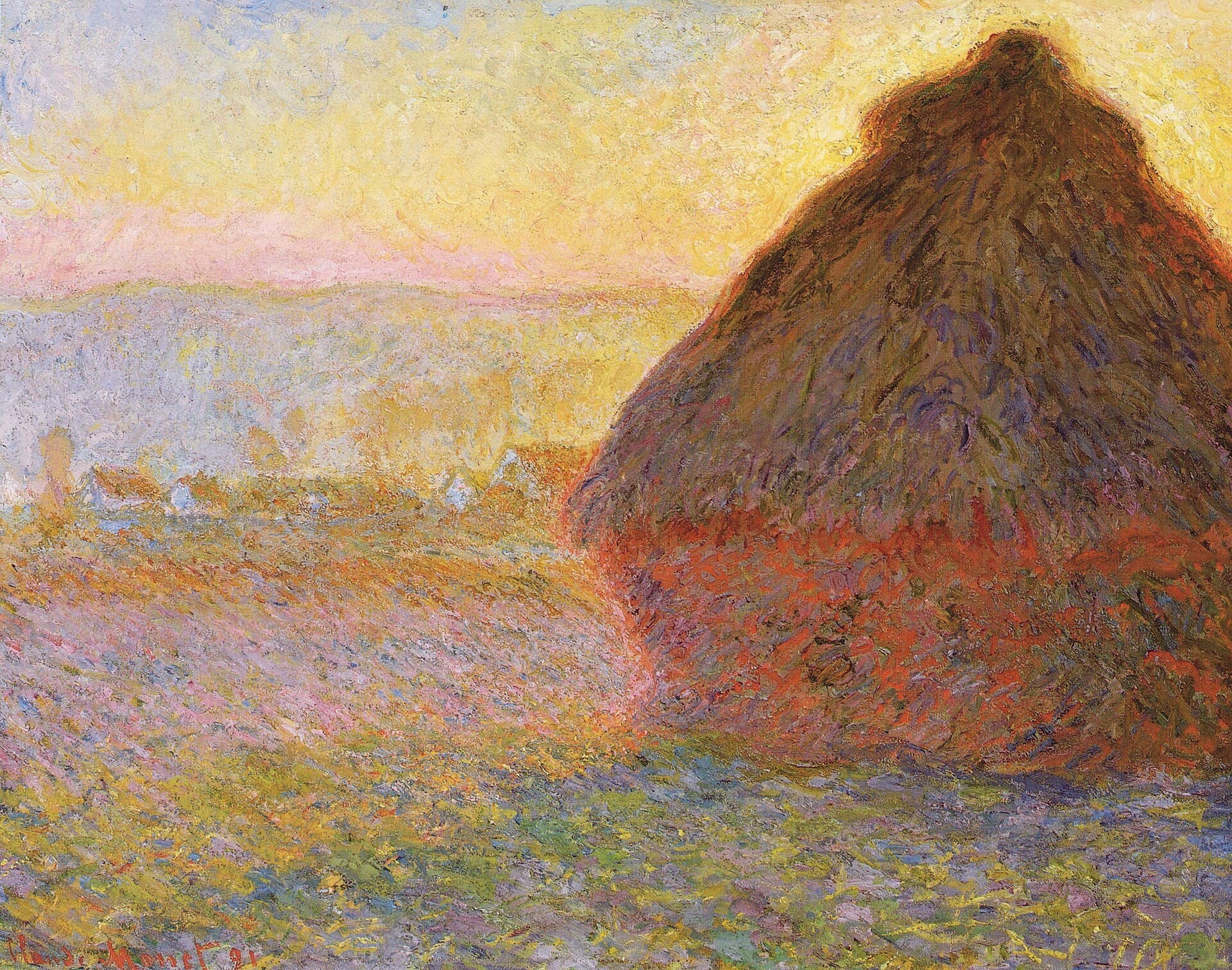 A haystack in a field at sunset, the light broken into flecks of colour