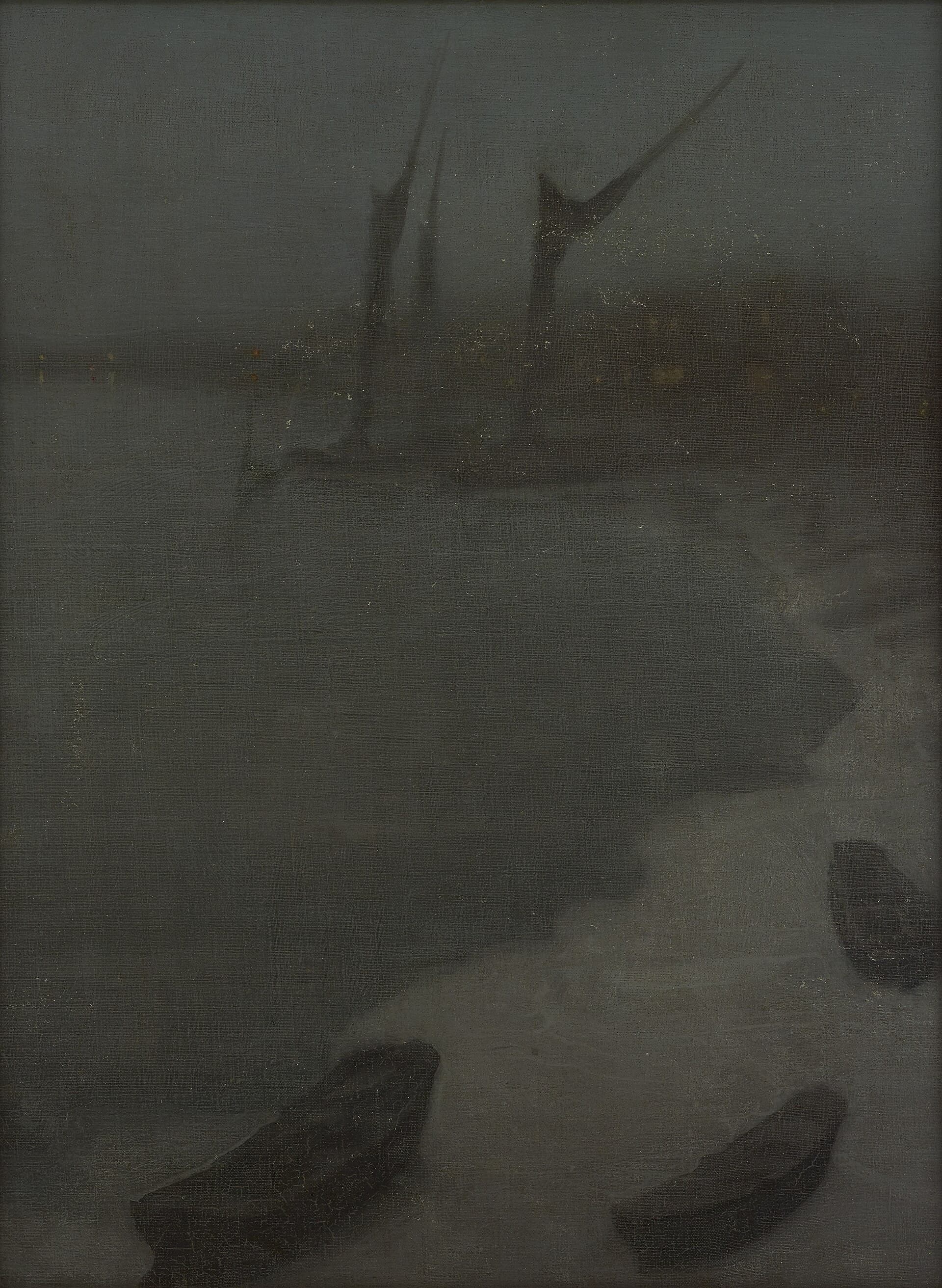 Boats on a grey shoreline at dusk, almost dissolved into the water