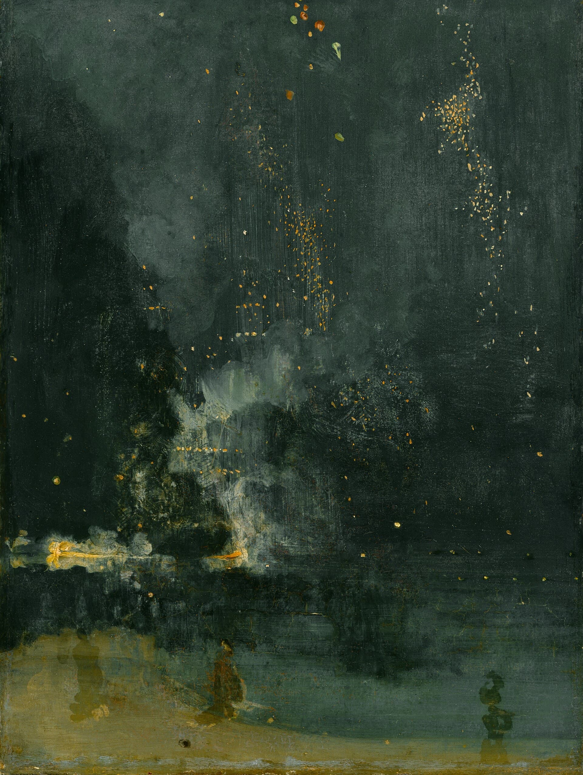 A dark green-black field broken by falling sparks of gold